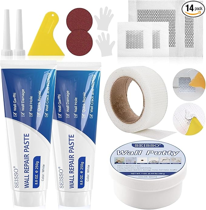 SEISSO Drywall Repair Kit, White- Wall Mending Agent 250 g* 2, Wall Repair Paste Plaster, 1 Pack Wall Putty, Repair Tape and Wall Repair Patch with 2inch 4inch, Quick Fill Crack and Nail Hole