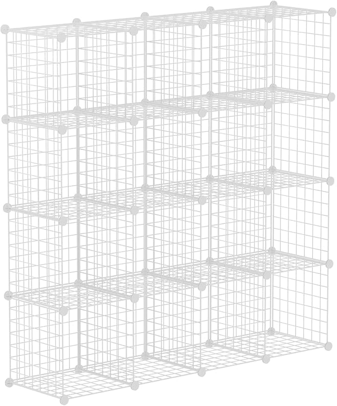HUBSON Wire Cube Storage Organizer, Book/Toy/Craft/Potted Plants and Pet Closet Organizers, 16-Cube Freely Combinable Metal Grid Storage Shelf, White Iron