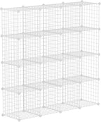HUBSON Wire Cube Storage Organizer, Book/Toy/Craft/Potted Plants and Pet Closet Organizers, 16-Cube Freely Combinable Metal Grid Storage Shelf, White Iron