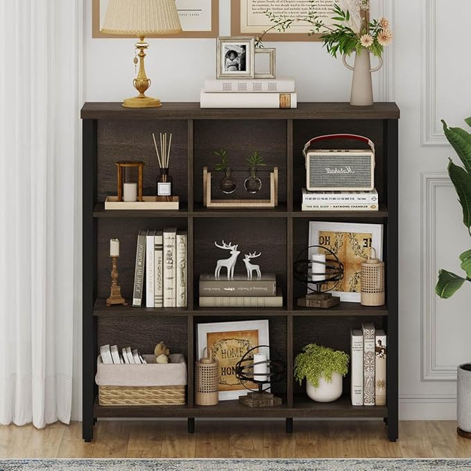 FATORRI 9 Cube Storage Bookshelf, Modern 4 Shelf Book Shelf, Wood and Metal Cubby Bookcase for Home Office (39.38 Inch W, Walnut Brown)