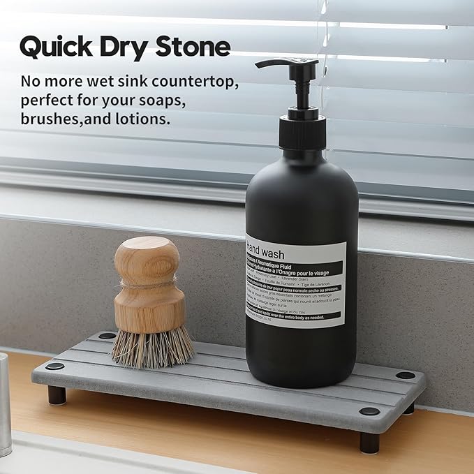 Fast Stone Drying Tray Diatomite Sponge Holder Mat, Kitchen Sink Organizer Sink Caddy, Kitchen & Bathroom Counter Makeup Vanity Dispenser Toothbrush Bottle Soap Dish Rack,Light Gray, 10" x 4"