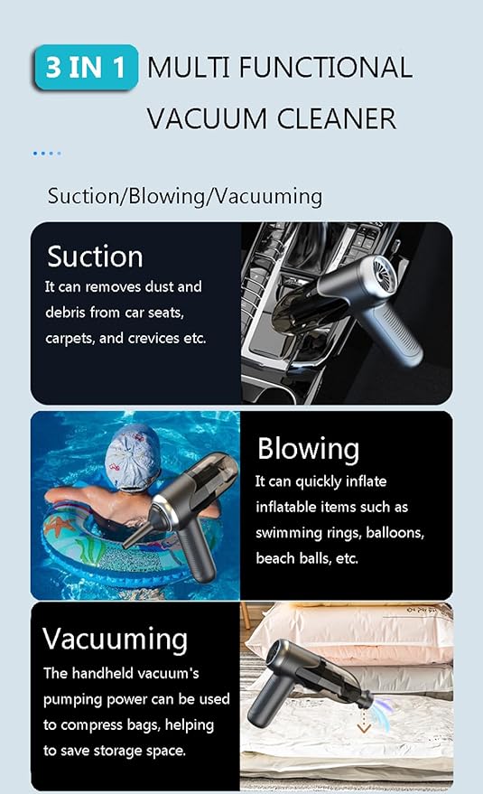 Small Car Vacuum-Strong Suction/Blowing/Vacuuming | Ultra Lightweight 0.68LB | 3-IN-1 Mini Handheld Vacuum Cleaner Cordless Portable Air Dusters Type C Port High Power Motor for Home Office Computer