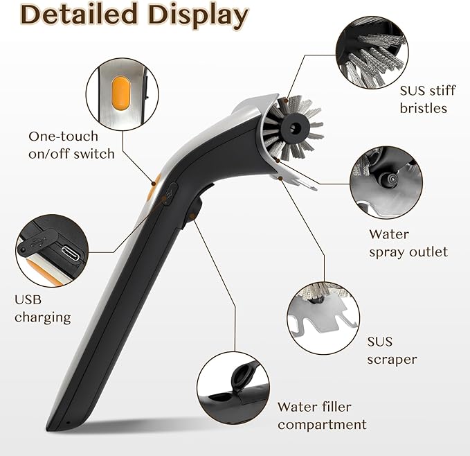 GKZ Electric Grill Brushes Cleaner, Motorized Rotating Giddy up Grill Cleaner with Water Tank, Ergonomic Handle & Bright Switch for BBQ Grill, Oven Racks, Outdoor/Indoor Grids