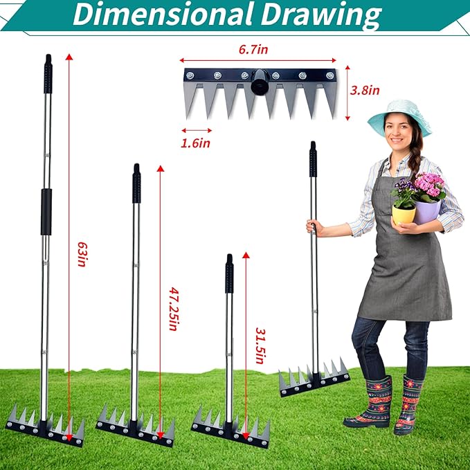 Garden Rake, 8 Tines Garden Weeding Rake with Sharp Blade with Steel Adjustable Handle (31'' to 63''), Garden Weed Puller Tool for Clearing Weed, Loosening Soil and Flower Beds