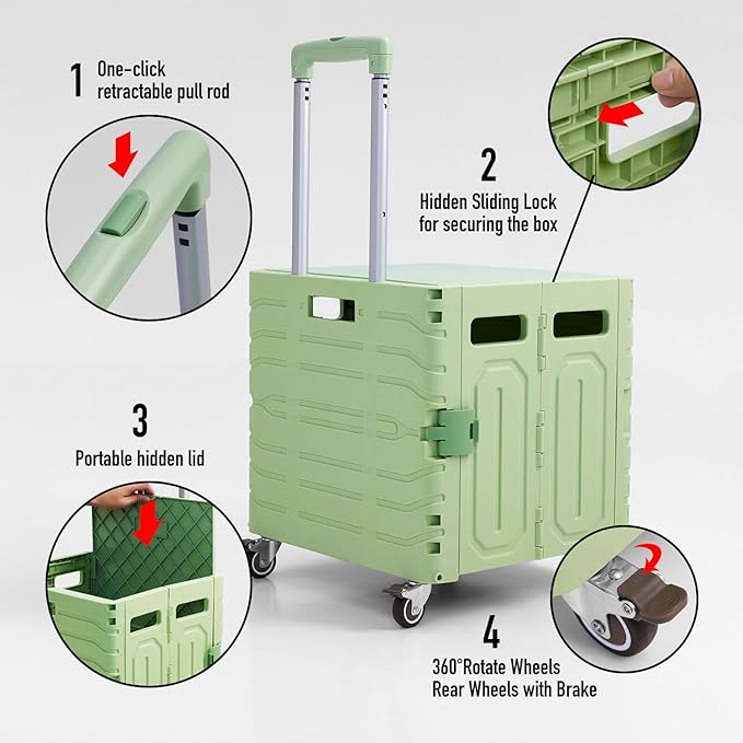 Folding Utility Cart Portable Rolling Crate Handcart Foldable Shopping Trolley Collapsible, with Lid, on Wheels, for Grocery, Garden, Office, Storage, Teacher, Tool (Green)