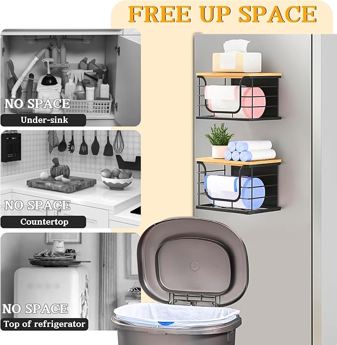 Magnetic Shelf for Fridge Trash Bag Organizer, 2 Pack Stackable Garbage Bag Holder with Bamboo Lid, Magnetic Storage Bin for Refrigerator, Under Sink, Kitchen, Pantry, Small Space Organization – Black