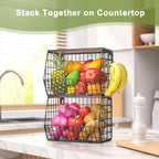 Wawocs Fruit Basket for Kitchen Counter 2 Tier Fruit Bowl, Stackable Wall Mounted Hanging Fruit Basket Wire Baskets with Wood Lid with 4 Banana Hanger Hooks, Onion Basket, Fruit and Vegetable Storage