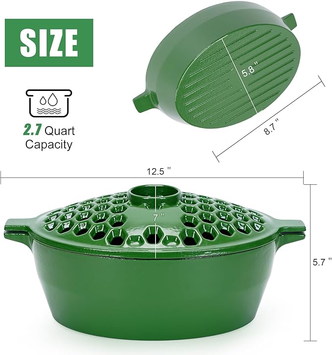 G GOOD GAIN Wood Stove Steamer - Cast Iron Stove Humidifier with Large Opening Top | Oval Bowl Fire Place Stove Pot for Home Heating Decorative | Matte Finish & 2.7 Quart, Green