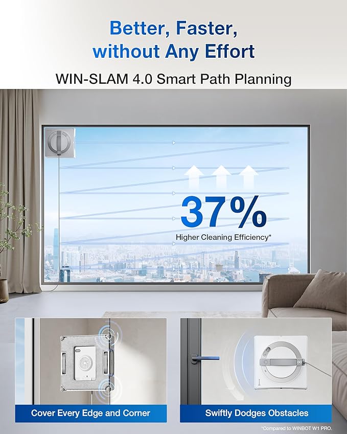 ECOVACS WINBOT W2 PRO Window Cleaning Robot, 3 Nozzles Water Sprayer, 10-Level Protection System, Win-SLAM 4.0 Path Planning, Steady-Climbing System, Edge Detection, App Control