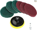 4 Inch Drill Powered Brush Tile Scrubber Scouring Pads,6 Scrubbing Pads with 4 Inch Pad Holder,1Quick Change Hex Shaft for Kitchen Bathroom Grout Tub Grill Cleans Large Flat Areas