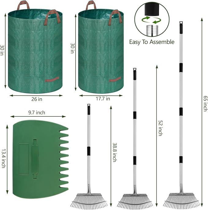 Remiawy Rake for Leaves, 65 Inch Adjustable Long Handle Heavy Duty Metal Garden Leaf Rake Set with 25 Tines, 72 Gallon 32 Gallon Reusable Garden Bag and Scoops for Lawns Yard Shrubs Grass Debris
