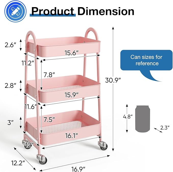OLIXIS 3 Tier Utility Rolling Cart, Metal Mobile Storage Shelf with Lockable Caster Wheels, Organization for Livingroom, Bathroom, Kitchen, & Narrow Places, Pink