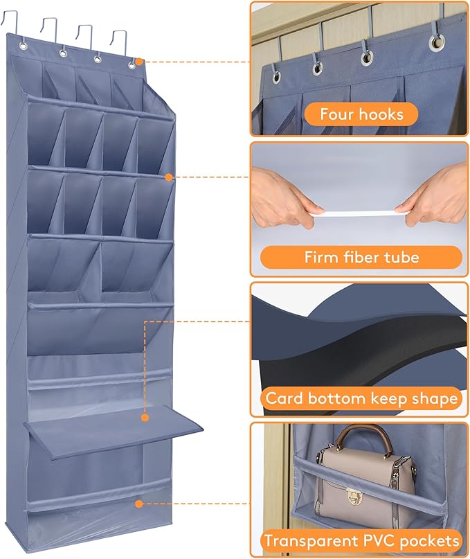 Over The Door Shoe Organizer, Hanging Shoe Rack with 16 Deep Pockets, Wall Shoe Storage for Closet and Narrow Door, RV Storage and Organization, Grey