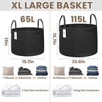 JMvicyroam 65L Extra Large Blanket Basket for Living Room - Woven Cotton Rope Laundry Hamper with Reinforced Handles - Storage Bin for Pillows, Comforters & Toys - Machine Washable,Black
