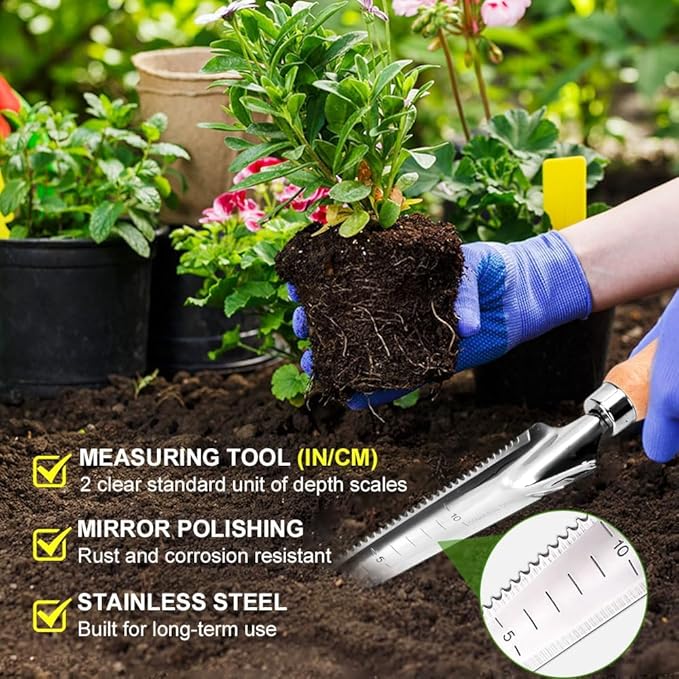 5-in-1 Weed Puller Tool with Wood Handle, Multifunctional 13inch Wooden Trowel Garden Tool, Trowel Garden Tool for Planting Weeding Digging Transplanting Cutting Measuring (1 PCS)