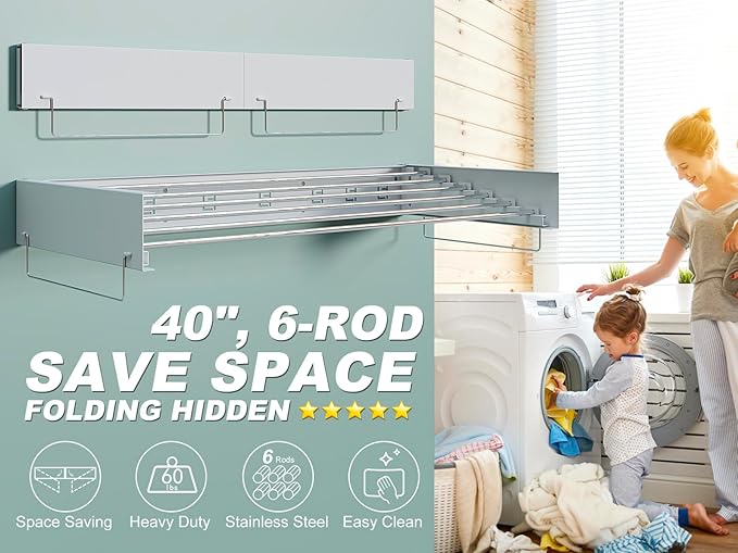 Wall Mounted Laundry Drying Rack - Pull-Out Drying Rack Clothing - 6 Stainless Steel Rods - Collapsible & Hidden for Laundry Room/Bathroom - Heavy Duty & Space Saving (40.0", White)