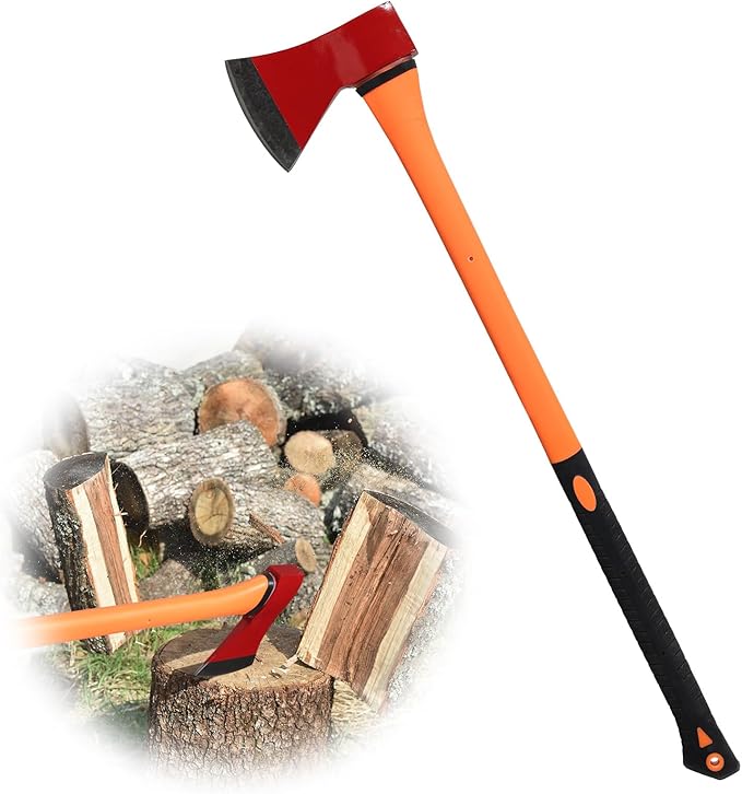 Chopping Axe: 33.5” Hatchet Axe with Shock Absorbing Fiberglass Handle 4.5lbs Felling Axes for Splitting Log Cutting Firewood GardeningTool