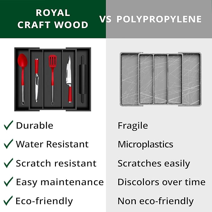 ROYAL CRAFT WOOD Luxury Bamboo Kitchen Drawer Organizer - Silverware Organizer - Utensil Holder and Cutlery Tray with Grooved Drawer Dividers for Flatware and Kitchen Utensils (5 Slot, Black)