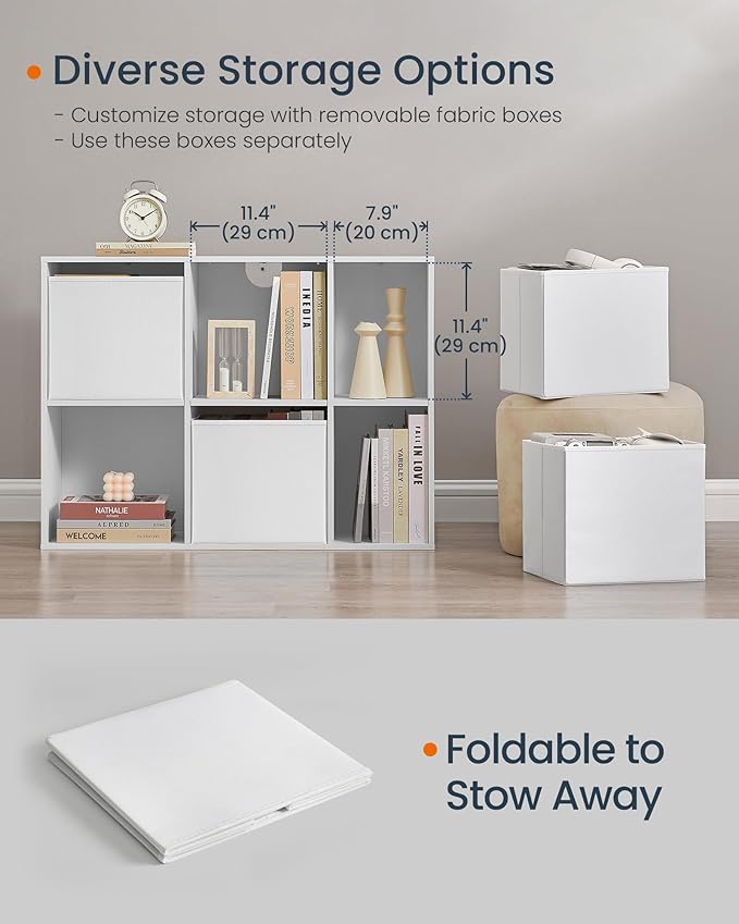 SONGMICS Home Bookshelf, Superfast Toolless Assembly, Cube Storage Organizer with 6 Compartments, Set of 2 Bookcase, 4 Fabric Drawers, Snow White UZH2507019