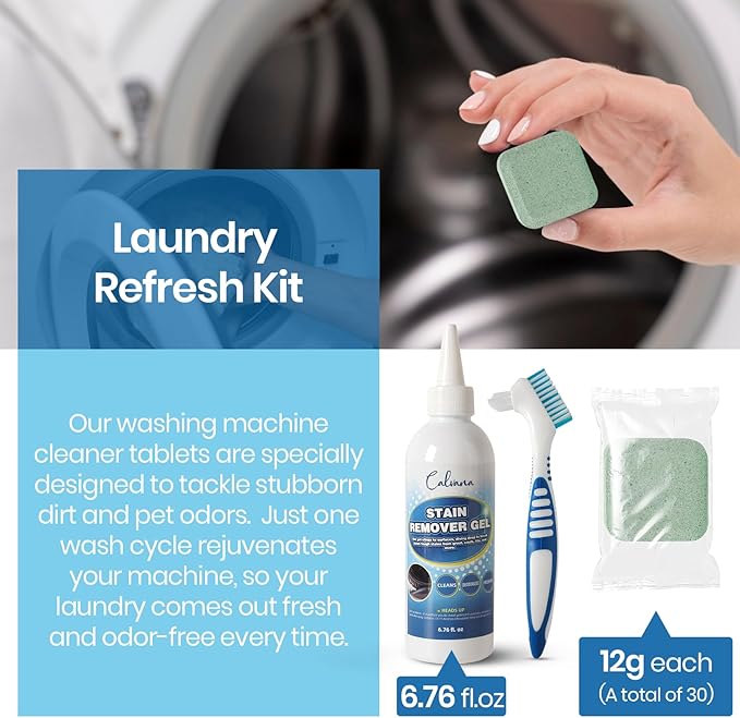 Laundry Refresh Kit, 30 Washing Machine Cleaner Tablets, 6.76 fl. oz Stain Remover Gel, Cleaning Brush, Tackles Pet Odors & Stains on Grout/Caulk, Family & Pet Safe, 12-Month Supply