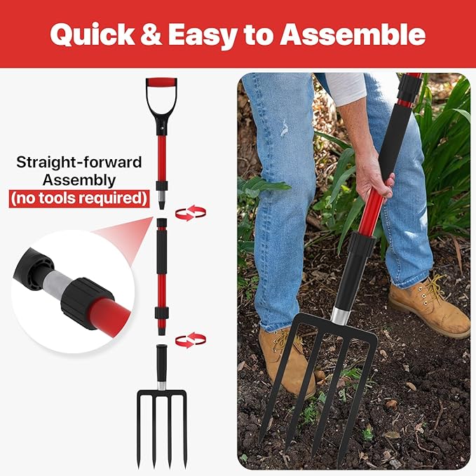 COSITA Pitch Fork for Garden, 44-Inches Pitchfork with Fiberglass Handle, Gardening Spading Fork with 4 Metal Tines, Heavy Duty Pitchfork for Manure, Mulch, Digging, Aeration, Red