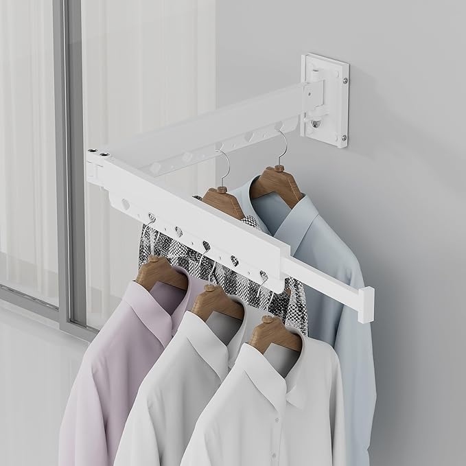 Clothes Drying Rack, Retractable and Foldable Laundry Drying Rack Wall Mount for Indoor, Space Saver Clothes Hanging Rack for Laundry Room, Balcony, Closet, Bedroom(Double-Fold),White