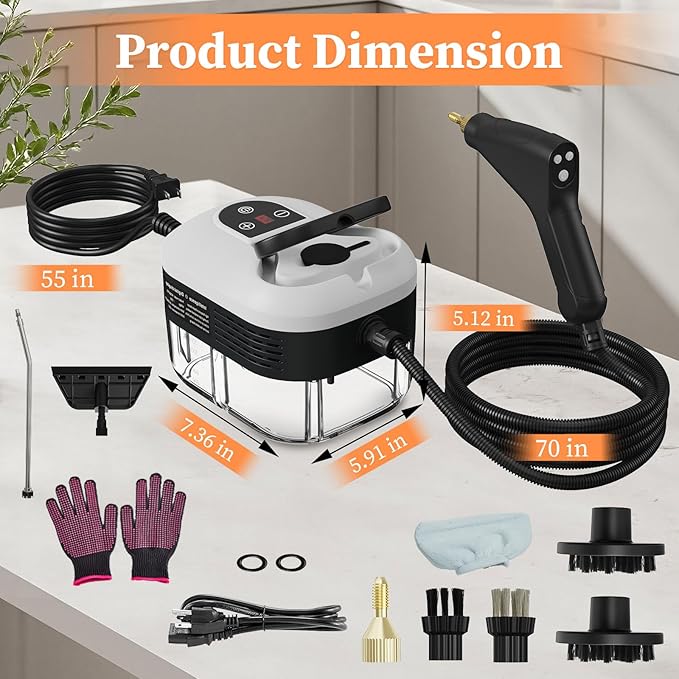 Steam Cleaner, Handheld Steam Cleaner for Home Car Furniture Bathroom, 2500W High Pressure Steam Cleaner, 1.2L Water Capacity, 6 Adjustable Speeds, 4 Brush Heads, Steamer for Cleaning (White)