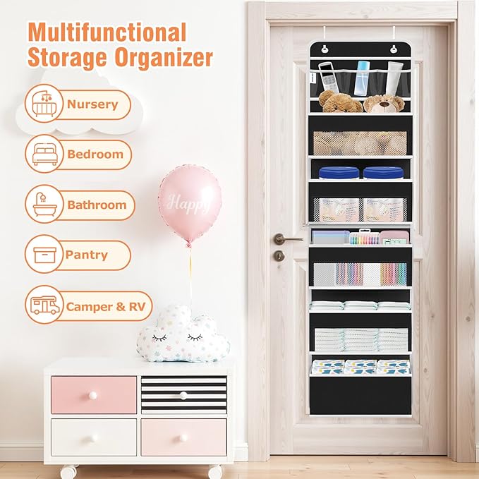 WISELIFE Over the Door Organizer - 6 Shelves Detachable Hanging Bedroom Storage Solution with 5 Large Pockets and 3 PVC Pockets for Dorm Bathroom, Pantry Nursery Baby Essentials (Black)