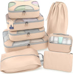 Shacke Premium 8 Packing Cubes Set - Lightweight Mesh Travel Luggage Organizers with Laundry Bag, 8-Piece Suitcase Storage System (Nude Biege)