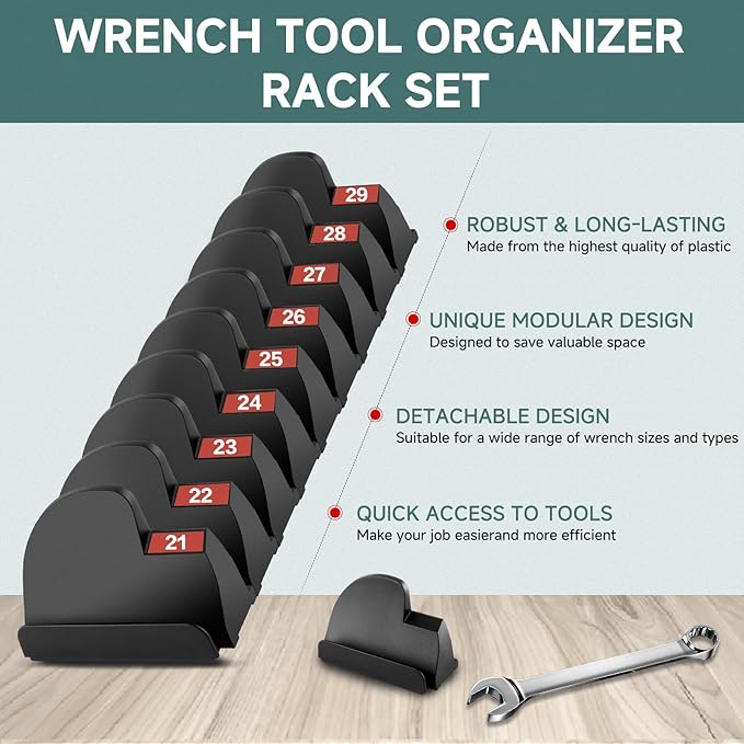 48PCS Magnetic Modular Wrench Organizer with Black, Wrench Holders Organizers with Metric & SAE Label,Wrench Tool Organizers for Tool Drawer Storage