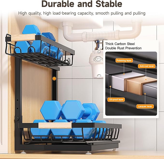 2 Packs Under Sink Organizer, High Adjustable 2 Tier Under Kitchen sink organizer, Multi-Purpose Storage Shelf for Kitchen Bathroom Cabinet (Black)