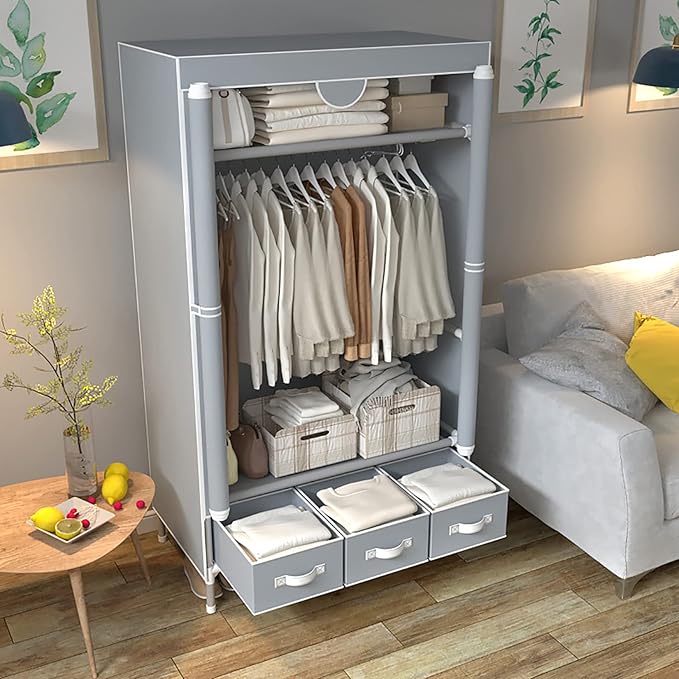 Portable Clothes Closet Rolling Door Wardrobe with Hanging Rack Non-Woven Fabric Storage Organizer with Three Drawer Boxes No-Tool Assembly - 35.4 x 17.7 x 67.0 ‘’ (Gray)