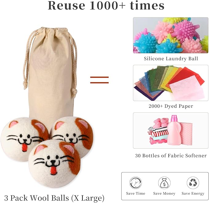 Wool Dryer Balls XL, Cute Cat Face Shape Handmade Dryer Balls Laundry Reusable, Fabric Softener Ball, Shorten Drying Time, Organic Wool - Dry 1000+ Loads(3 Pack Cat Shape)