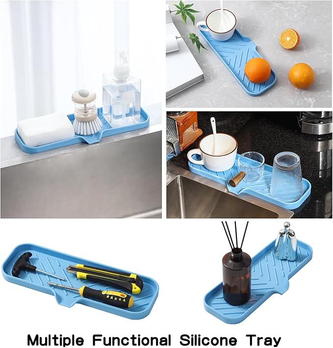 Silicone Bathroom Soap Dishes with Drain Spout-Bathroom and Kitchen Sink Organizer,Sponge Holder,Dish Soap Tray,Perfect for Dispenser,Scrubber,Bottle on Sink or Counter-Light Blue 12"×4"