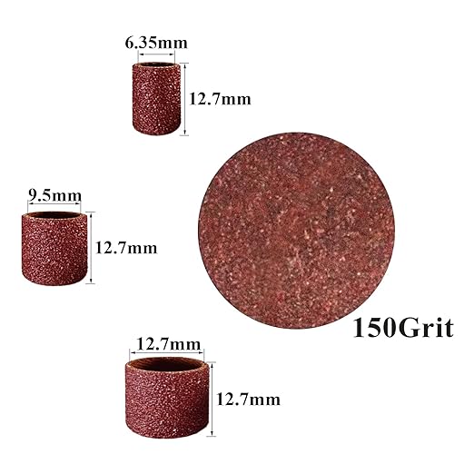 Asieg Tool Sanding Drum Kit 142Pcs 150Grit, 1/2" & 3/8" & 1/4" Diameter Drum Sanding Band with 3.17mm Shank Mandrels for Drill Dremel Rotary Tools Nails Drill