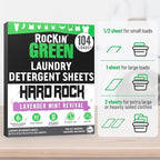 Rockin' Green Hard Rock Travel Laundry Detergent Sheets for Hard Water - Mess-Free Laundry Sheet Detergent with Sodium Bicarbonate - Easily Dissolvable Laundry Soap Sheets (104 Loads, Lavender Mint)