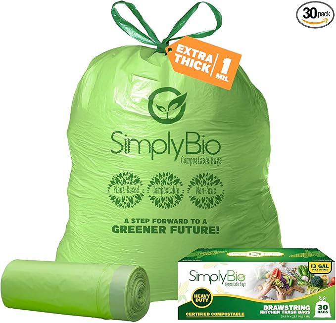 13 Gallon Compostable Trash Bags Liners Drawstring, Heavy Duty Extra Thick 1 Mil, 49.21 Liter, 30 Bags, Tall Kitchen Food Scrap Waste Bag, ASTM D6400, US BPI and OK Compost Home Certified