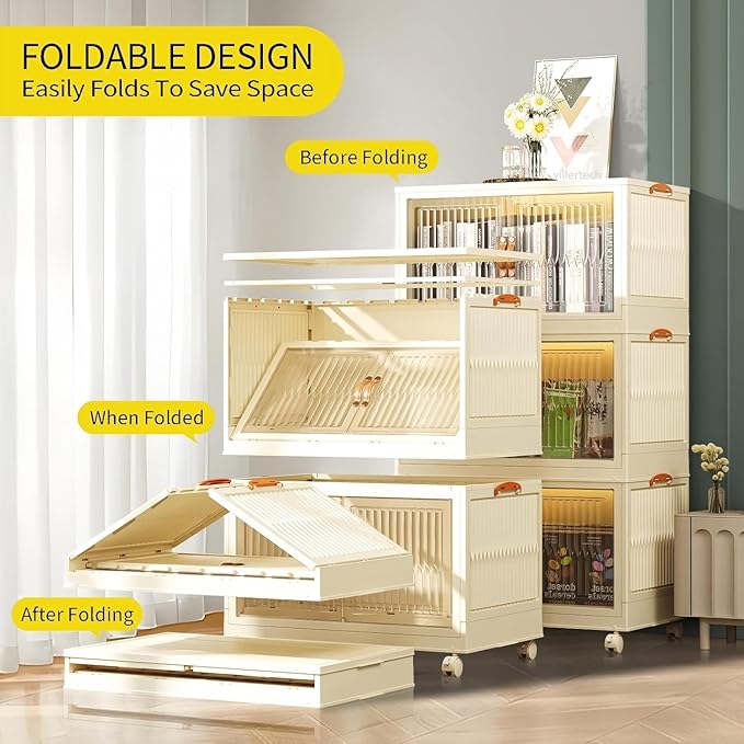 Stackable Storage Bins 104 Qt, Folding Storage Box with Lids and Doors, Open Front Folding Storage Bins with Wheels Large Plastic Storage Container Closet Organizers (4 Tier)