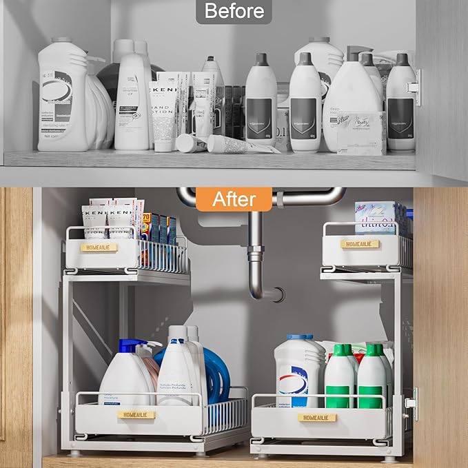 Under Sink Organizer, High Adjustable 2 Tier Under Kitchen Sink Organizer, Multi-Purpose Storage Shelf for Kitchen Bathroom Cabinet, White