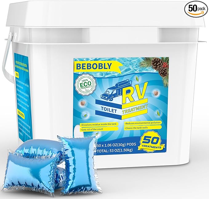 RV Toilet Treatment Drop Ins, Extra Strength Septic Tank Treatment & Cleaner, Waste Breakdown/Odor Control, RV Black Tank Treatment for RVs, Boats & Portable Toilets, Odor Eliminator (50 Pack)