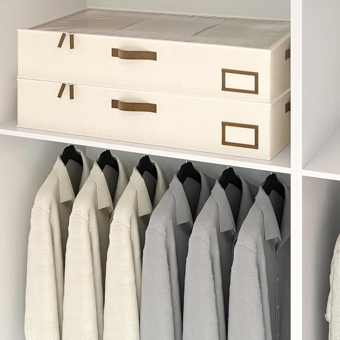 Under Bed Storage, Under Bed Storage Containers Bins for Clothes, Large Linen Underbed Closet Organization Bins, 2 Pack Collapsible Underbed Bin Dorm for Clothes, Sweater, Beige