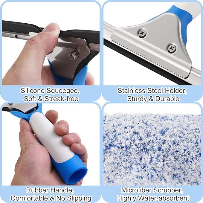 20 Feet High Reach Window Cleaning Kit with Extension Poles, Window Cleaner Tool with 14’’ Silicone Squeegee, Microfiber Scrubber & Cloth, Window Washing Equipment for Outdoor High Windows