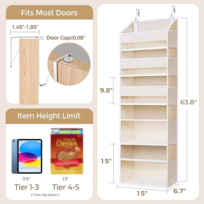 5 Tiers Over Door Organizer with 10 Mesh Side Pockets, 50 lbs Weight Capacity Hanging Storage Organizer with Clear Window Kids Toys, Shoes, Diapers, Beige