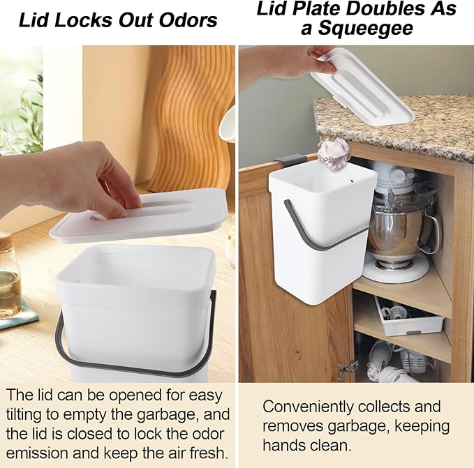 Compost Bin Kitchen, Bring 5 Rolls (100) of Garbage Bags, for Use on Countertops or Under Sinks, Hanging Trash Can with Lid, for Cupboard/Bathroom/Bedroom/Office/Camping(White 1.3 Gallon/5L)