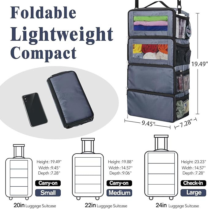 Suitcase Organizer, Carry on Closet Luggage Organizers Accessories for Travel, Foldable and Hangable Portable Hanging Travel Shelves with a Shoulder Strap to Use As a Travel Backpack Small, Gray