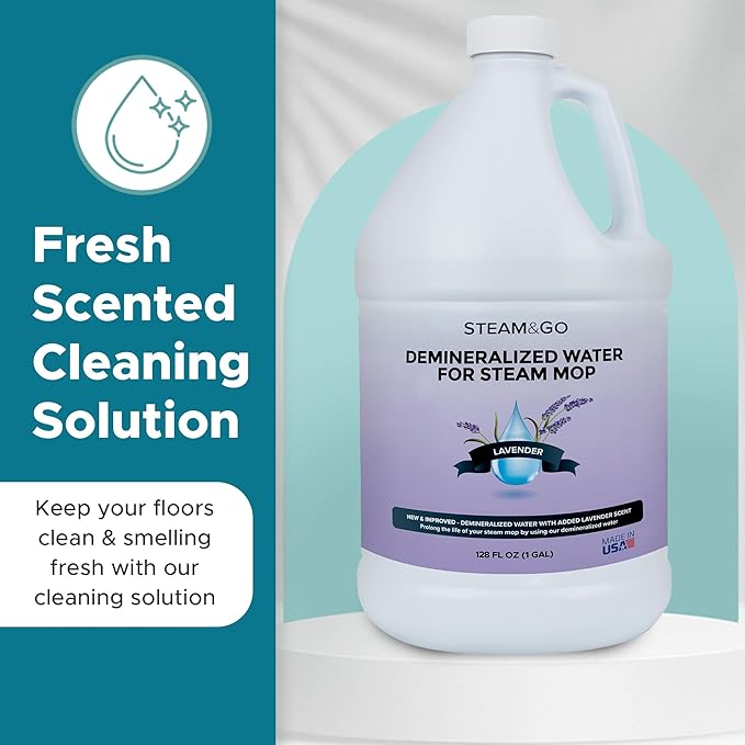 Steam & Go Demineralized Water for Steam Cleaner - PVC-Free Floor Cleaning Solution Compatible for All Steam Mops - Multi-Surface Cleaner for Home Surfaces - Lavender Scent, 128 Fl oz