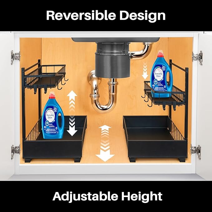 2 Tier Under Sink Storage & Organisation, Under Bathroom Cabinet Storage, Kitchen Sink Organiser Rack, Multi-purpose Under Sink Shelf Organizer (Black)