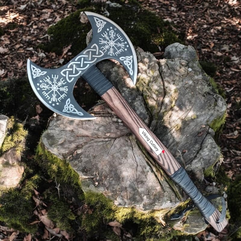 [Viking Cutlery] Double-Headed Viking Axe – Hand-Forged Norse Berserker Battle Axe | Large Dual Blade Steel Axe | Broad Dane Hunting Axe | Unique Gift for Men