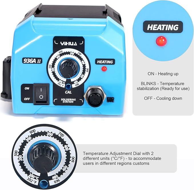 YIHUA 936A II Soldering Iron Station Kit, 65W with Intelligent Working Light. Easily Adjustable from 392℉～896℉. With Plug-in Iron Handle, a Solder Iron Stand, Solder Wire & 5 extra Solder Tips.