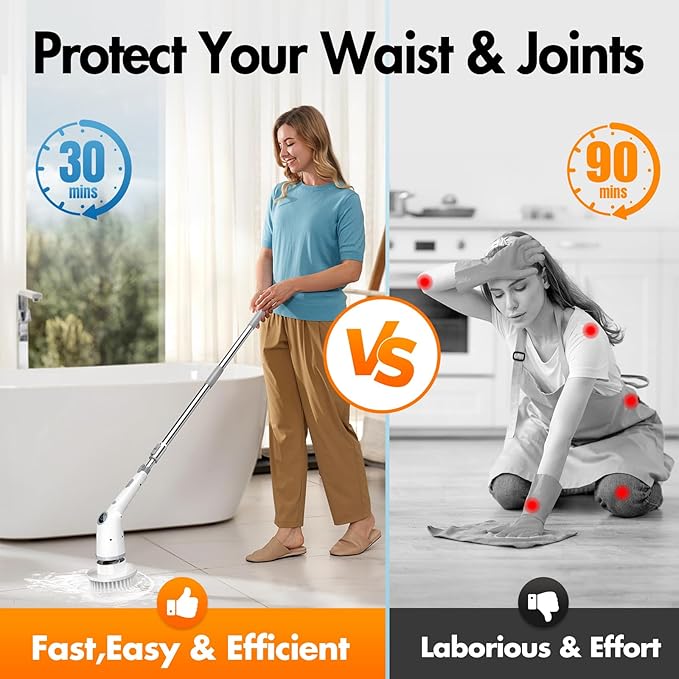 Electric Spin Scrubber,Cordless Cleaning Brush,Bathroom Shower Scrubber with Long Handle Adjustable,3 Speeds,IPX7 Waterproof,Digital Display,8 Replaceable Brush Heads for Tile Bathtub Car Kitchen Wall